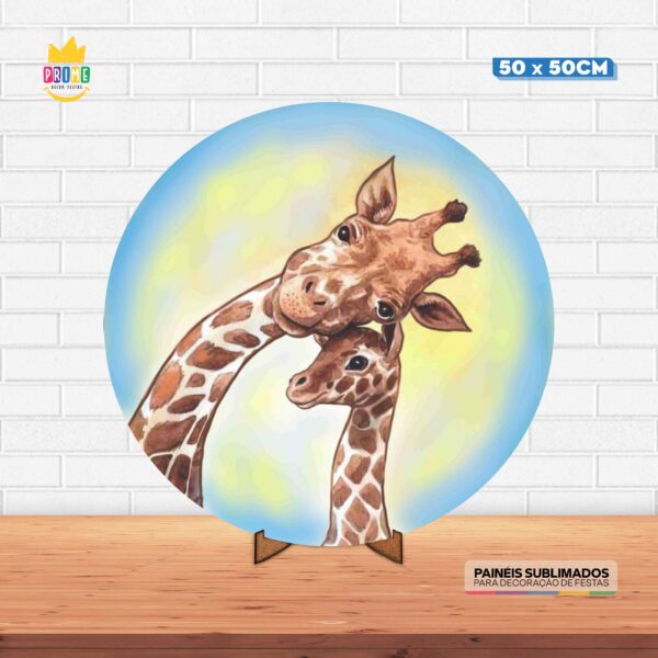 Painel Redondo 3D Girafa Tecido 50cm X 50cm Com Suporte MDF