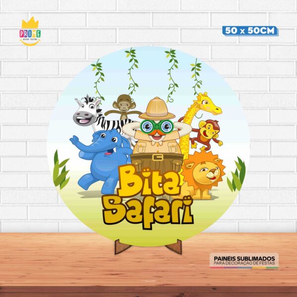 Painel Redondo 3D Mundo Bita Safari Tecido 50cm X 50cm Com Suporte MDF