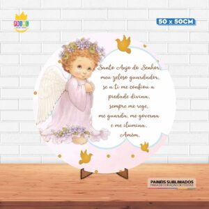 Painel Redondo 3D Anjinho Batizado Tecido 50cm X 50cm Com Suporte MDF