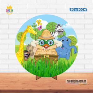 Painel Redondo 3D Mundo Bita Safari Tecido 50cm X 50cm Com Suporte MDF