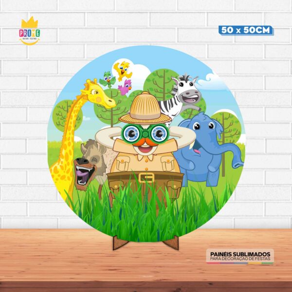 Painel Redondo 3D Mundo Bita Safari Tecido 50cm X 50cm Com Suporte MDF
