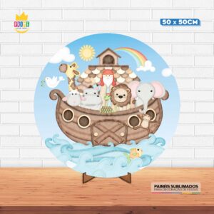 Painel Redondo 3D Arca de Noé Tecido 50cm X 50cm Com Suporte MDF