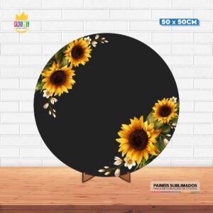 Painel Redondo 3D Girassol Tecido 50cm X 50cm Com Suporte MDF