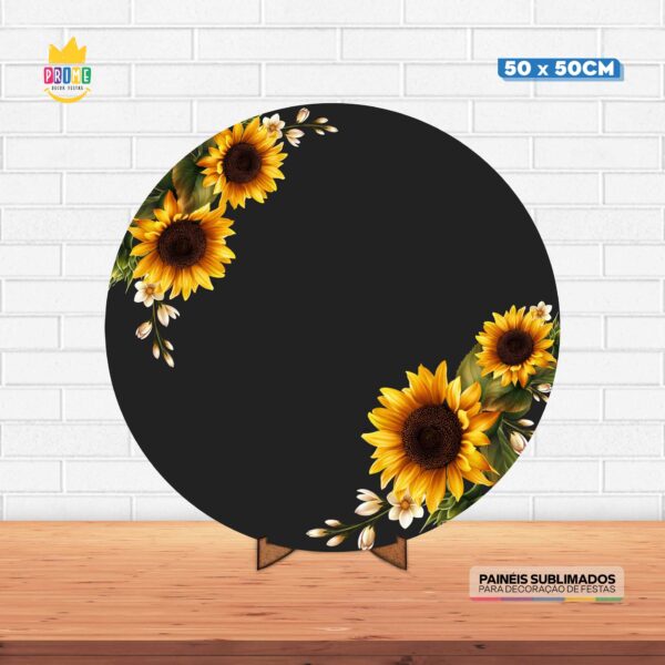 Painel Redondo 3D Girassol Tecido 50cm X 50cm Com Suporte MDF