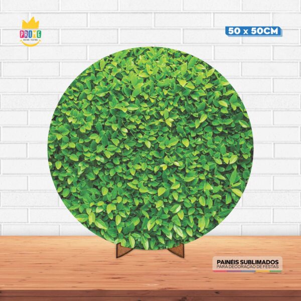 Painel Redondo 3D Folhagem Clara Tecido 50cm X 50cm Com Suporte MDF