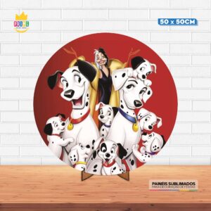 Painel Redondo 3D Os 101 Dalmatas Tecido 50cm X 50cm Com Suporte MDF