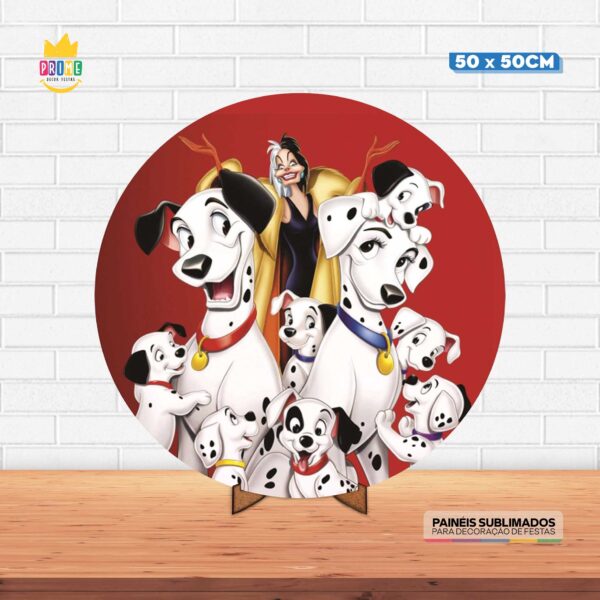 Painel Redondo 3D Os 101 Dalmatas Tecido 50cm X 50cm Com Suporte MDF