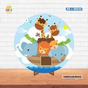 Painel Redondo 3D Arca de Noé Tecido 50cm X 50cm Com Suporte MDF