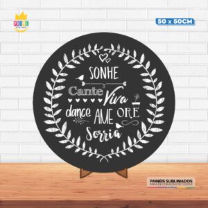 Painel Redondo 3D Giz Viva A Vida Tecido 50cm X 50cm Com Suporte MDF