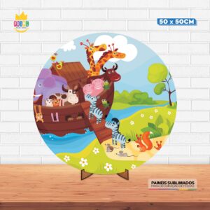 Painel Redondo 3D Arca de Noé Tecido 50cm X 50cm Com Suporte MDF