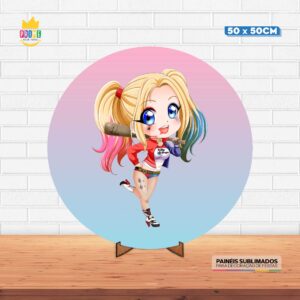 Painel Redondo 3D Arlequina Cute Tecido 50cm X 50cm Com Suporte MDF