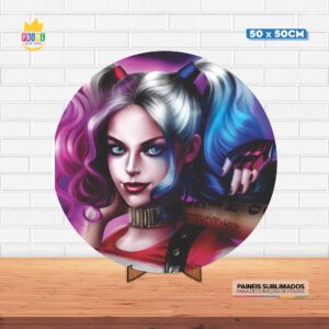 Painel Redondo 3D Arlequina Tecido 50cm X 50cm Com Suporte MDF