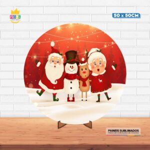 Painel Redondo 3D Natal Tecido 50cm X 50cm Com Suporte MDF