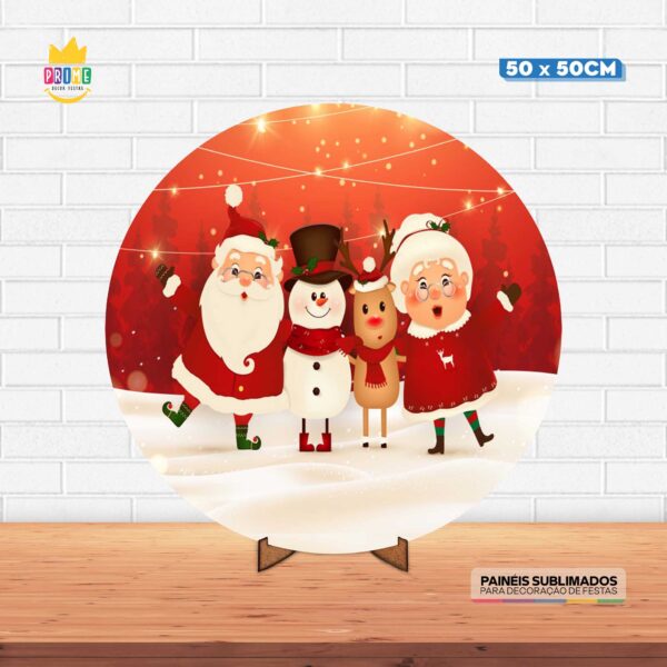 Painel Redondo 3D Natal Tecido 50cm X 50cm Com Suporte MDF