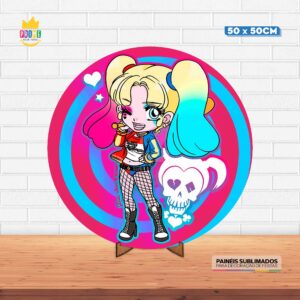 Painel Redondo 3D Arlequina Cute Tecido 50cm X 50cm Com Suporte MDF
