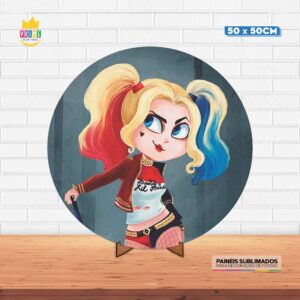 Painel Redondo 3D Arlequina Cute Tecido 50cm X 50cm Com Suporte MDF
