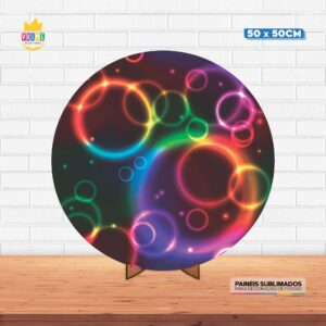 Painel Redondo 3D Festa Neon Tecido 50cm X 50cm Com Suporte MDF