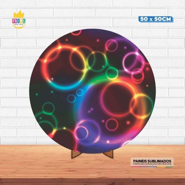 Painel Redondo 3D Festa Neon Tecido 50cm X 50cm Com Suporte MDF