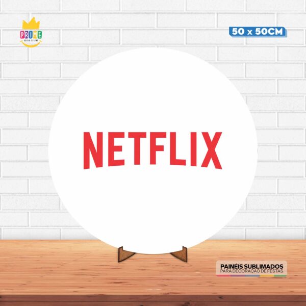 Painel Redondo 3D Netflix Branco Tecido 50cm X 50cm Com Suporte MDF