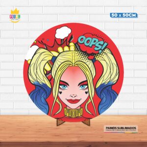 Painel Redondo 3D Arlequina Tecido 50cm X 50cm Com Suporte MDF