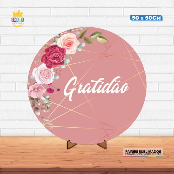 Painel Redondo 3D Gratidão Tecido 50cm X 50cm Com Suporte MDF