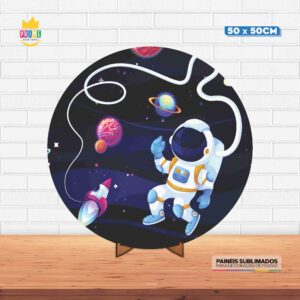 Painel Redondo 3D Astronauta Tecido 50cm X 50cm Com Suporte MDF
