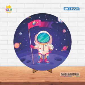 Painel Redondo 3D Astronauta Tecido 50cm X 50cm Com Suporte MDF