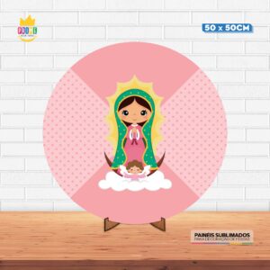 Painel Redondo 3D Nossa Senhora Guadalupe CuteTecido 50cm X 50cm Com Suporte MDF
