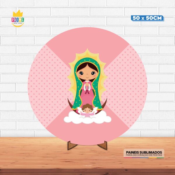 Painel Redondo 3D Nossa Senhora Guadalupe CuteTecido 50cm X 50cm Com Suporte MDF