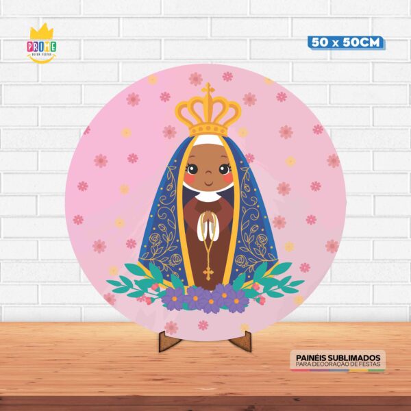 Painel Redondo 3D Nossa Senhora Aparecida CuteTecido 50cm X 50cm Com Suporte MDF