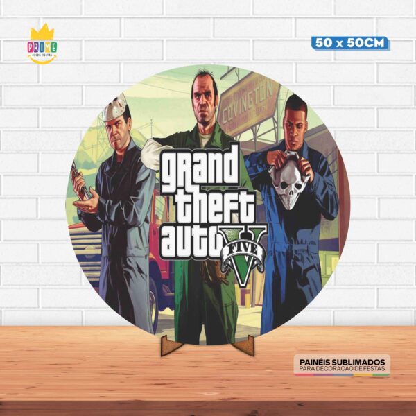 Painel Redondo 3D GTA Tecido 50cm X 50cm Com Suporte MDF