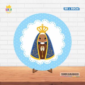 Painel Redondo 3D Nossa Senhora Aparecida Cute Tecido 50cm X 50cm Com Suporte MDF