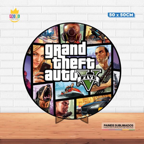 Painel Redondo 3D GTA Tecido 50cm X 50cm Com Suporte MDF