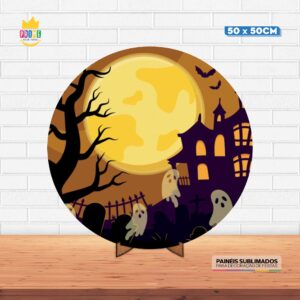Painel Redondo 3D Halloween  Tecido 50cm X 50cm Com Suporte MDF