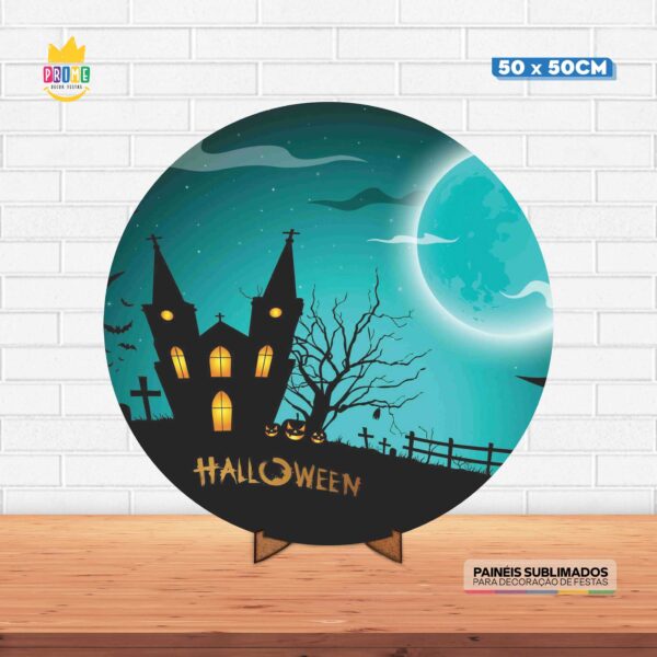 Painel Redondo 3D Halloween Tecido 50cm X 50cm Com Suporte MDF