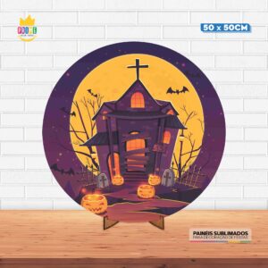 Painel Redondo 3D Halloween Tecido 50cm X 50cm Com Suporte MDF