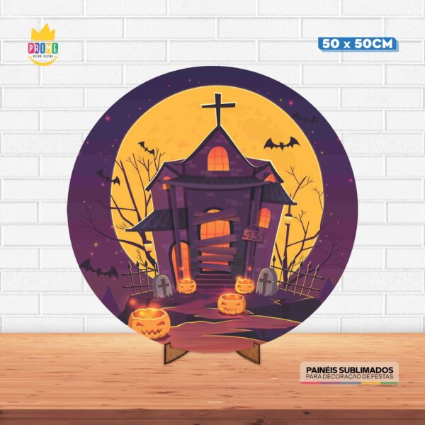 Painel Redondo 3D Halloween Tecido 50cm X 50cm Com Suporte MDF