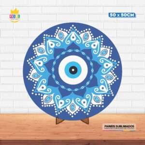 Painel Redondo 3D Olho Grego Tecido 50cm X 50cm Com Suporte MDF