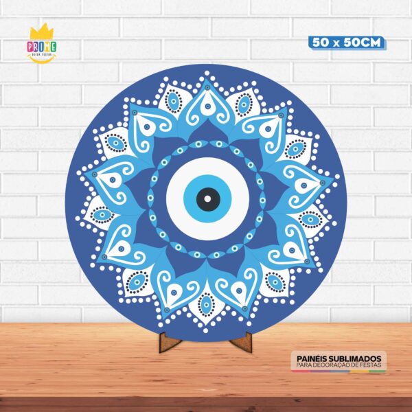 Painel Redondo 3D Olho Grego Tecido 50cm X 50cm Com Suporte MDF