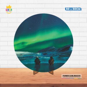 Painel Redondo 3D Aurora Boreal Tecido 50cm X 50cm Com Suporte MDF