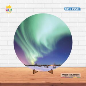 Painel Redondo 3D Aurora Boreal Tecido 50cm X 50cm Com Suporte MDF