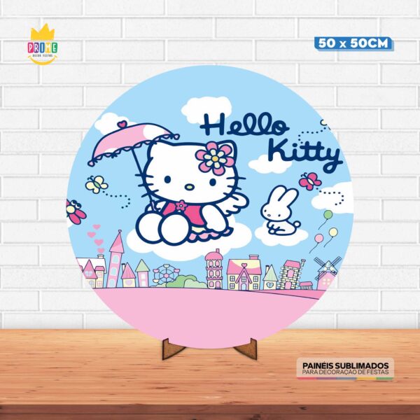 Painel Redondo 3D Hello Kity Tecido 50cm X 50cm Com Suporte MDF