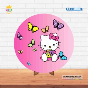 Painel Redondo 3D Hello Kity Tecido 50cm X 50cm Com Suporte MDF