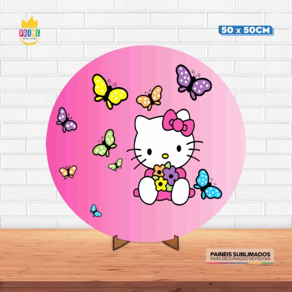Painel Redondo 3D Hello Kity Tecido 50cm X 50cm Com Suporte MDF
