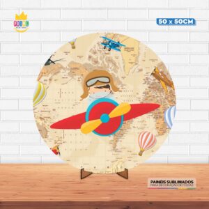 Painel Redondo 3D Aviador Tecido 50cm X 50cm Com Suporte MDF