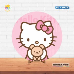 Painel Redondo 3D Hello Kity Tecido 50cm X 50cm Com Suporte MDF
