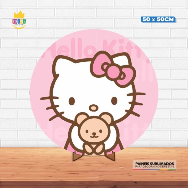Painel Redondo 3D Hello Kity Tecido 50cm X 50cm Com Suporte MDF