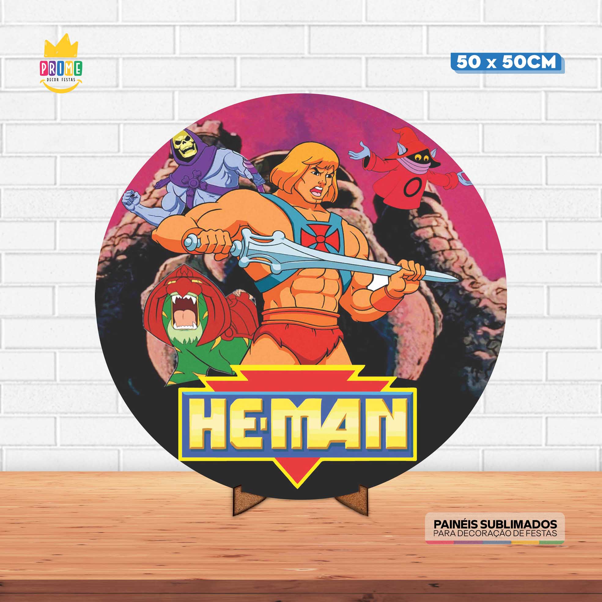 Painel Redondo 3D He Man Tecido 50cm X 50cm Com Suporte MDF