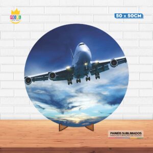Painel Redondo 3D Avião Tecido 50cm X 50cm Com Suporte MDF