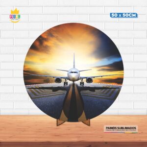 Painel Redondo 3D Avião Tecido 50cm X 50cm Com Suporte MDF